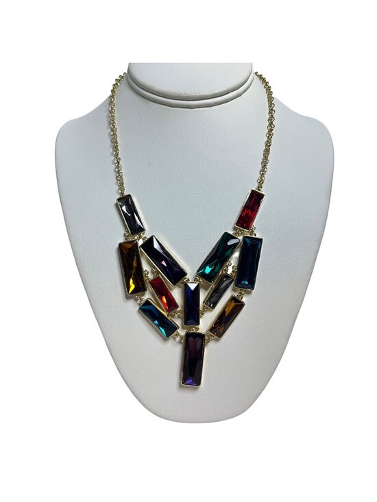 Unknown Jewelry - Gold Tone And Multicolored Rectangle Crystal Bib Necklace (6378)